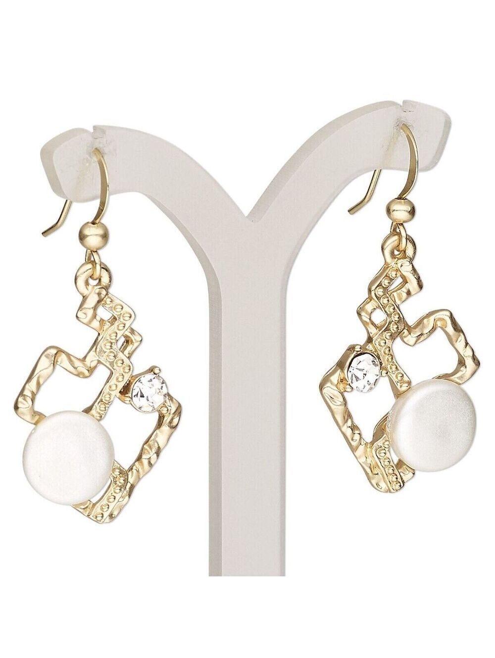 Edgy Geometric Circles Squares Crystal Faux Pearls Gold White Dangle Earrings